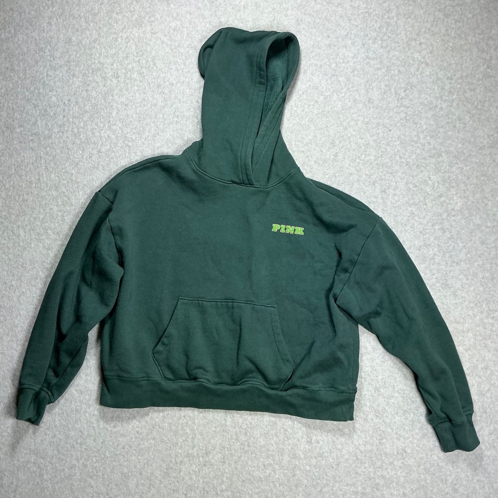 Victoria's Secret PINK Forest Green Cropped Hoodie Crest Logo XS